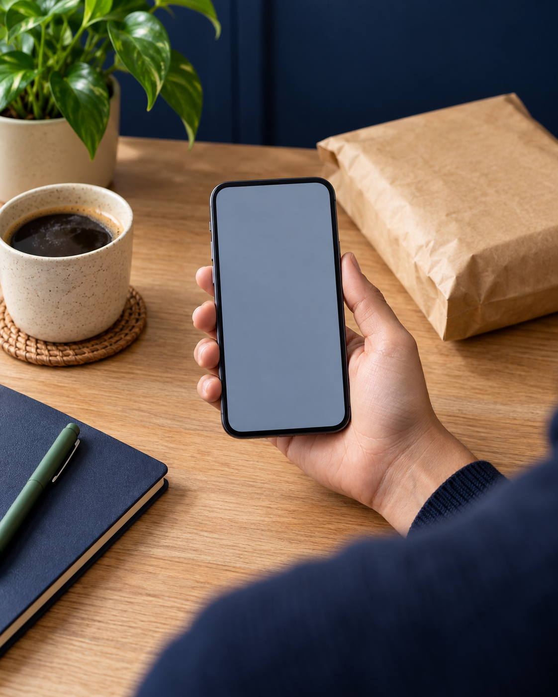 Mão segurando o celular sobre a mesa, ao lado de um café e de uma sacola de envio