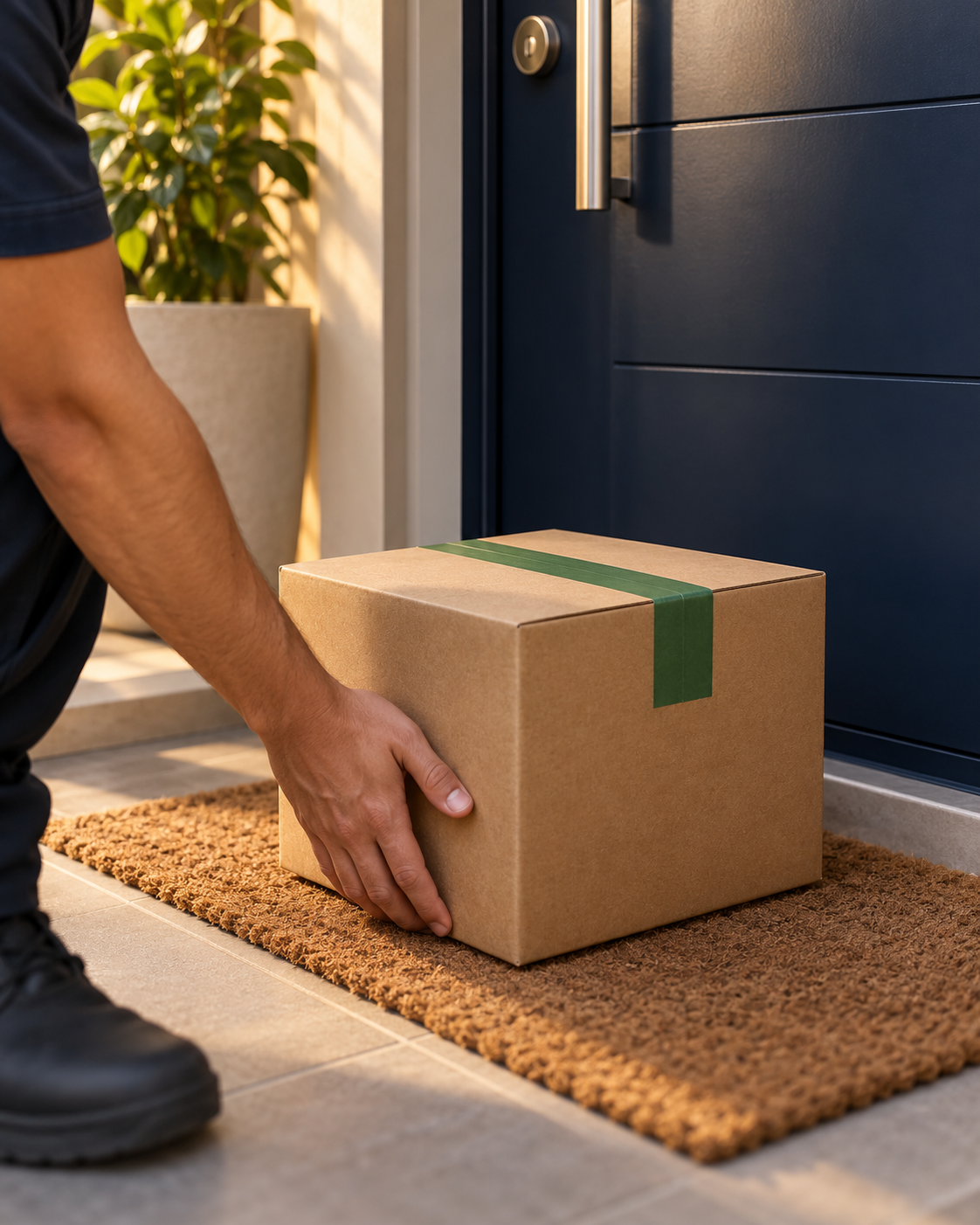 Caixa fechada com fita verde na porta de um apartamento