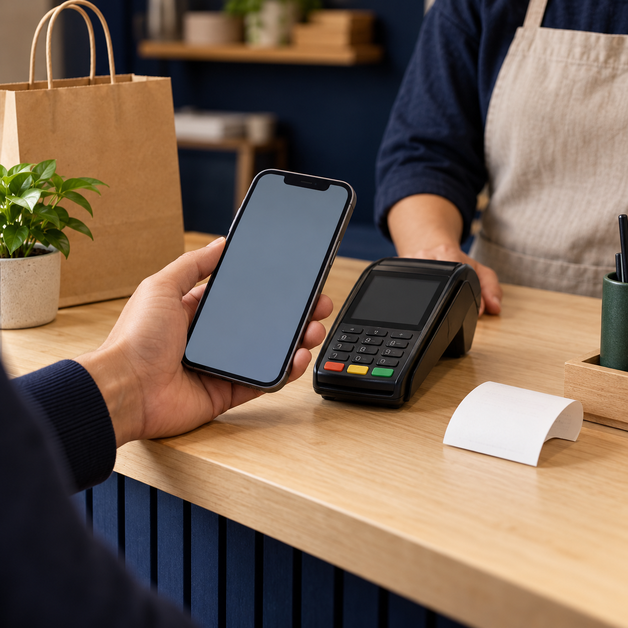 Celular na mão ao lado de uma maquininha e de um comprovante sobre o balcão